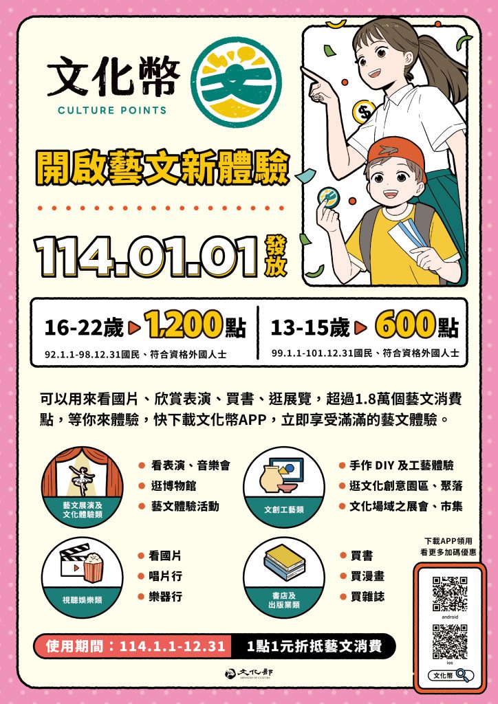 文化幣13-15歲600點，16-22歲1200點。2025/1/1-12/31適用。